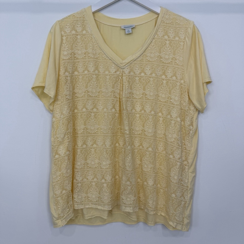 Sundance Yellow Silk Embroidered Short Sleeve Shirt Size XL